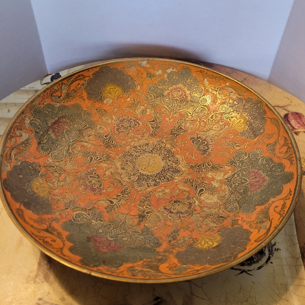 Vintage Three Footed Painted Brass Bowl from India